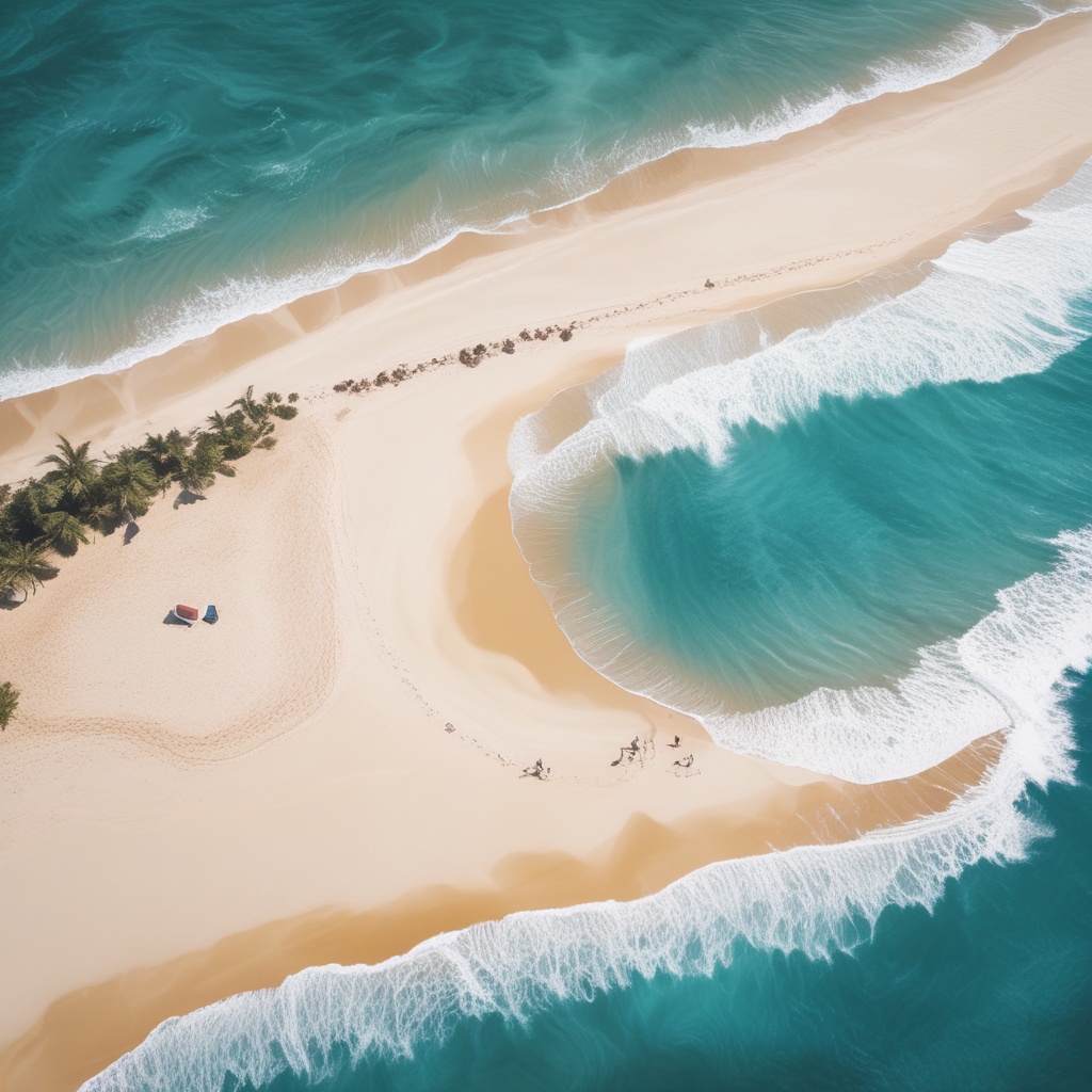 Aerial view of a summer beach in Hawaii with white sand and blue ocean
